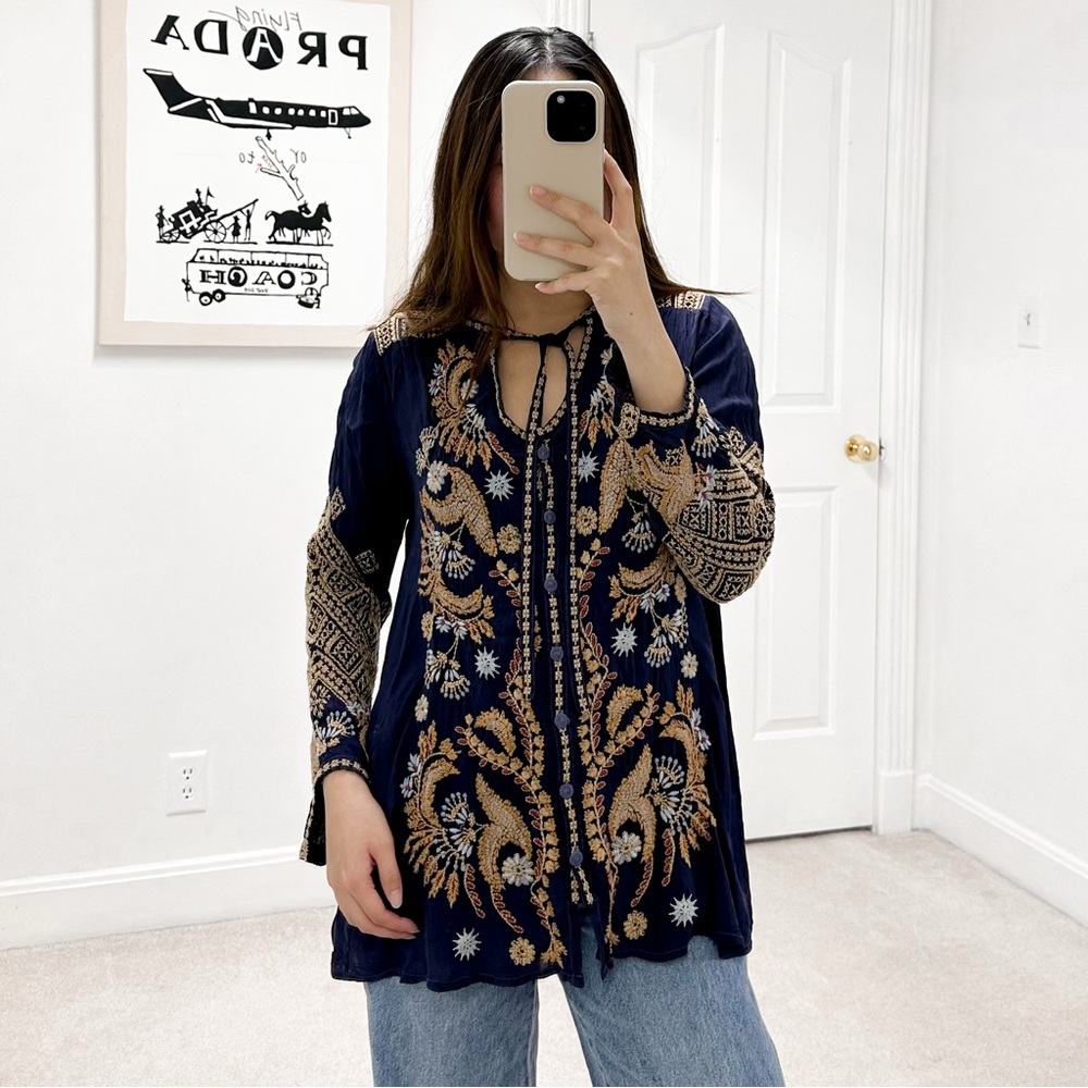Johnny Was Minerva Blue Gravel Embroidered Blouse in Navy Blue and Gold